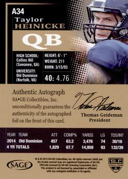 2015 SAGE HIT - Autographs Red #A34 Taylor Heinicke Back