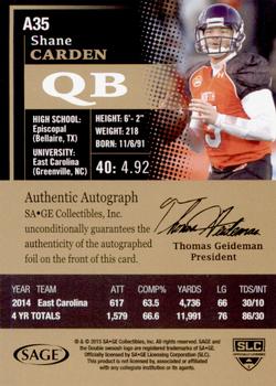 2015 SAGE HIT - Autographs Red #A35 Shane Carden Back