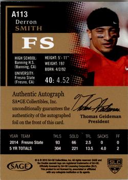 2015 SAGE HIT - Autographs Gold #A113 Derron Smith Back