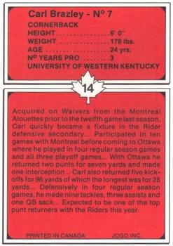 1982 JOGO Ottawa Rough Riders #14 Carl Brazley Back