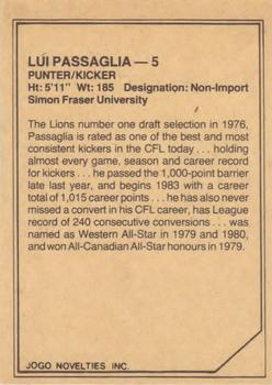 1983 JOGO CFL Limited #NNO Lui Passaglia Back