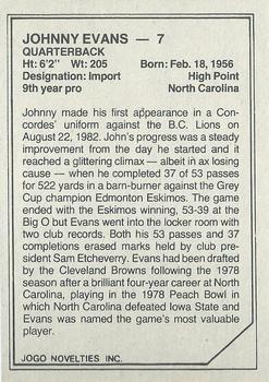 1983 JOGO Quarterbacks #NNO Johnny Evans Back