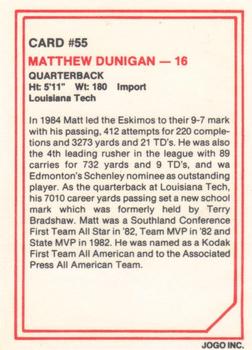 1985 JOGO #55 Matt Dunigan Back