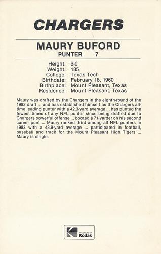 1985 Kodak San Diego Chargers #NNO Maury Buford Back