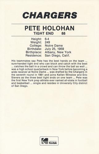 1985 Kodak San Diego Chargers #NNO Pete Holohan Back