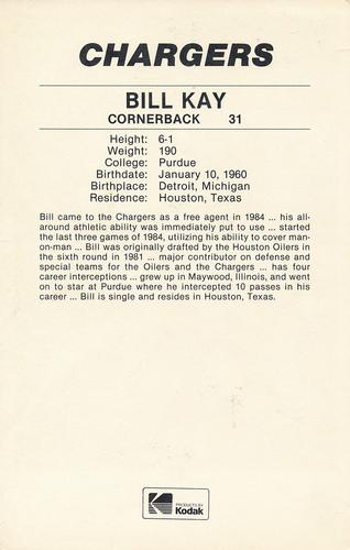 1985 Kodak San Diego Chargers #NNO Bill Kay Back