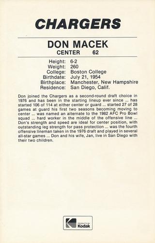 1985 Kodak San Diego Chargers #NNO Don Macek Back