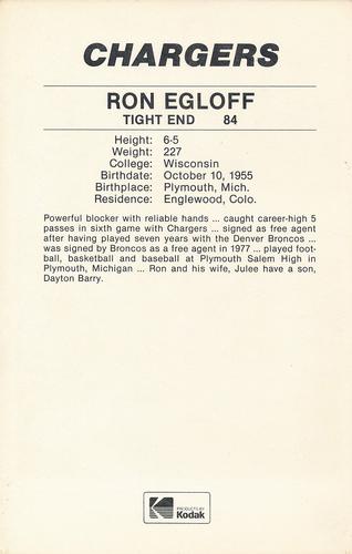 1985 Kodak San Diego Chargers #NNO Ron Egloff Back