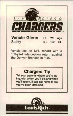 1988 San Diego Chargers Police #4 Vencie Glenn Back