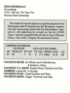 1989 Kentucky Fried Chicken Calgary Stampeders (CFL) #NNO Ron Hopkins Back