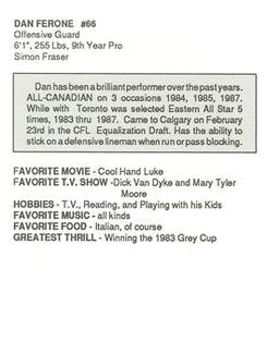 1989 Kentucky Fried Chicken Calgary Stampeders (CFL) #NNO Dan Ferrone Back