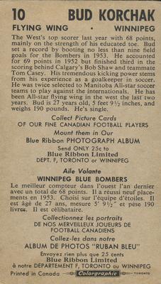 1954 Blue Ribbon Tea CFL #10 Bud Korchak Back
