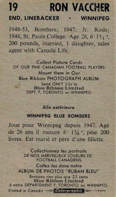 1954 Blue Ribbon Tea CFL #19 Ron Vaccher Back