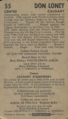 1954 Blue Ribbon Tea CFL #55 Don Loney Back