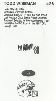 1989 Vachon CFL #27 Todd Wiseman Back