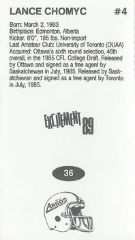 1989 Vachon CFL #36 Lance Chomyc Back