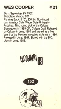 1989 Vachon CFL #152 Wes Cooper Back