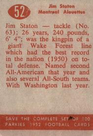 1952 Parkhurst CFL #52 Jim Staton Back