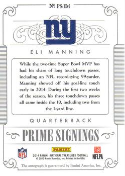 2014 Panini National Treasures - Prime Signings #PS-EM Eli Manning Back