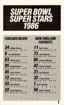 1986 Super Bowl Super Stars Police #1 Title Card Back