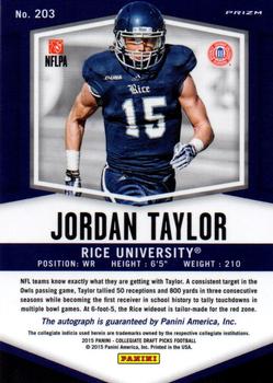 2015 Panini Prizm Collegiate Draft Picks - Autographs Prizms #203 Jordan Taylor Back
