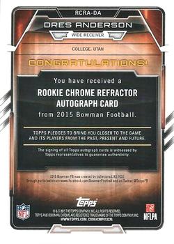 2015 Bowman - Rookie Chrome Refractor Autographs #RCRA-DA Dres Anderson Back