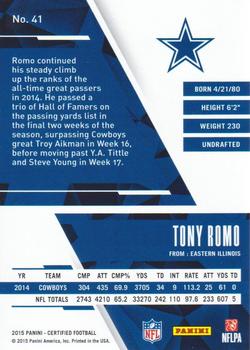 2015 Panini Certified #41 Tony Romo Back