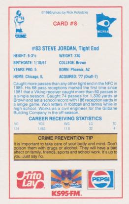 1986 Minnesota Vikings Police #8 Steve Jordan Back