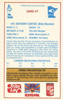 1987 Minnesota Vikings Police #7 Anthony Carter Back