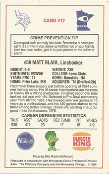 1984 Minnesota Vikings Police #17 Matt Blair Back