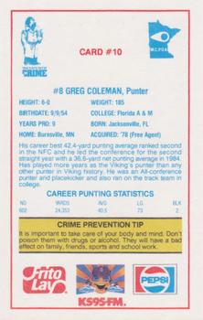 1985 Minnesota Vikings Police #10 Greg Coleman Back