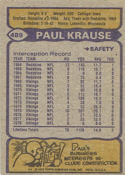 1979 Topps - Cream Colored Back #489 Paul Krause Back