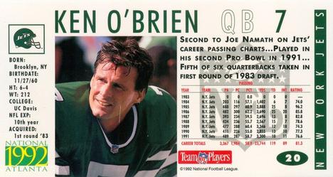 1992 GameDay Atlanta National Convention #20 Ken O'Brien Back
