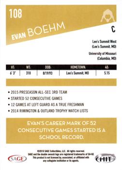 2016 SAGE HIT #108 Evan Boehm Back