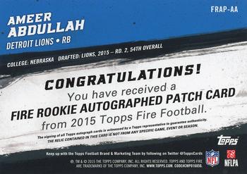 2015 Topps Fire - Fire Rookie Autograph Patches Inferno NFL Shield Laundry Tag #FRAP-AA Ameer Abdullah Back
