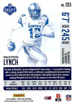 2016 Panini Prestige #203 Paxton Lynch Back