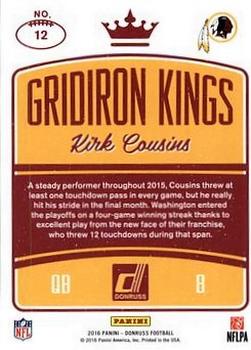 2016 Donruss - Gridiron Kings Studio #12 Kirk Cousins Back