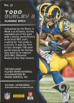 2016 Panini Certified - Fabric of the Game Prime #31 Todd Gurley II Back