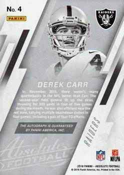 2016 Panini Absolute - Absolute Heroes Autographs #4 Derek Carr Back