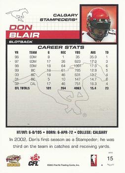 2003 Pacific  CFL - Red #15 Don Blair Back