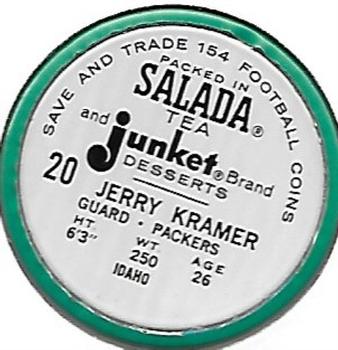 1962 Salada Coins #20 Jerry Kramer Back