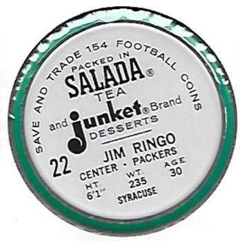 1962 Salada Coins #22 Jim Ringo Back