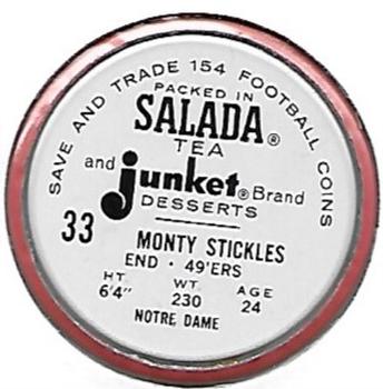 1962 Salada Coins #33 Monty Stickles Back