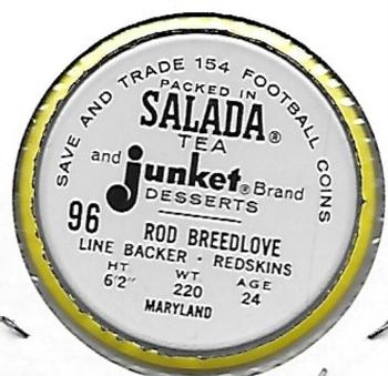1962 Salada Coins #96 Rod Breedlove Back