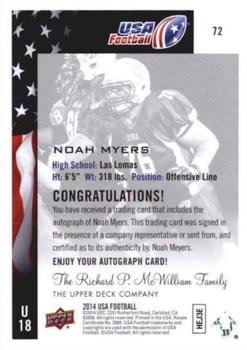 2014 Upper Deck USA Football - Autograph #72 Noah Myers Back