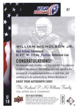 2014 Upper Deck USA Football - Autograph #87 William Nicholson Jr. Back
