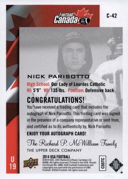 2014 Upper Deck USA Football - Team Canada Autograph #C-42 Nick Parisotto Back