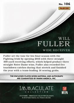 2016 Panini Immaculate Collection Collegiate - Immaculate Signature Patches #106 Will Fuller V Back