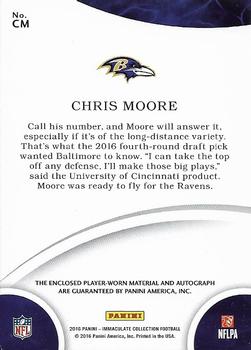 2016 Panini Immaculate Collection - Immaculate Numbers Rookie Patch Autographs #CM Chris Moore Back