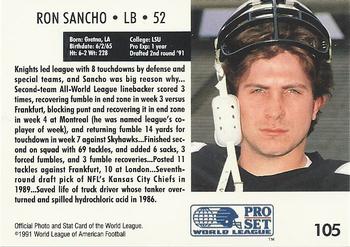 1991 Pro Set WLAF #105 Ron Sancho Back
